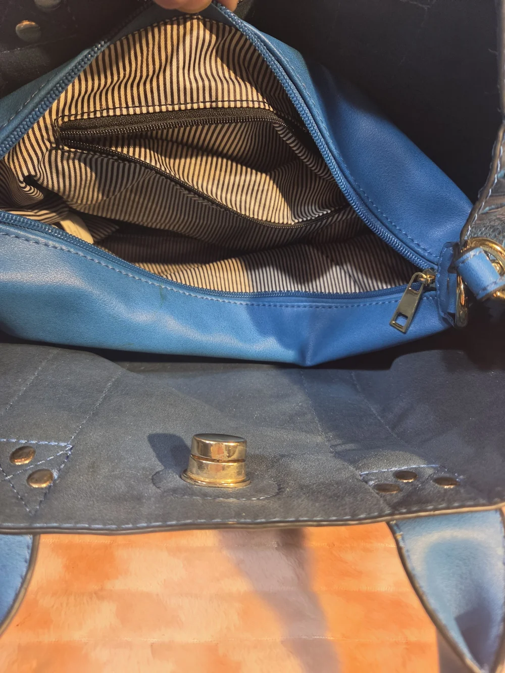 Blue Textured Tote Handbag with Stud Accents